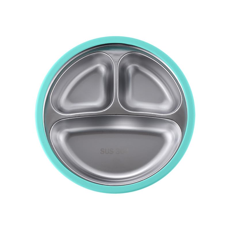HASTHIP® 6.2'' Stainless Steel Kids Food Plate with Strong Suction Cups, 3-Compartment, Anti-Flip, BPA-Free, Toddler Self-Feeding, Mess-Free, Shallow Breakfast Snack Lunch Plate