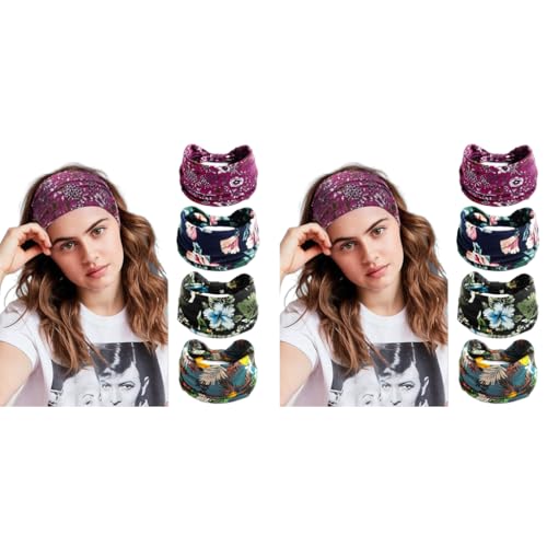 Proberos® 8PCS Bohemian Gym Headbands for Women Men Girls Stretchable Wide Hair Bands with Trendy Floral Prints Yoga Sweatbands Workout Running Tennis Marathon 4 Colors Unisex