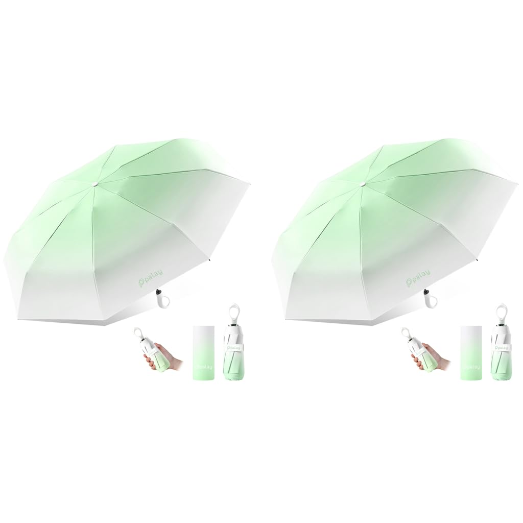 PALAY® UV Umbrella Small for Sun Protection 5 Fold Stylish Capsule Women Men Kids Girls Boys Perfect Rain Windproof 8 Ribs Design UPF50 Gradient Green 2PCS