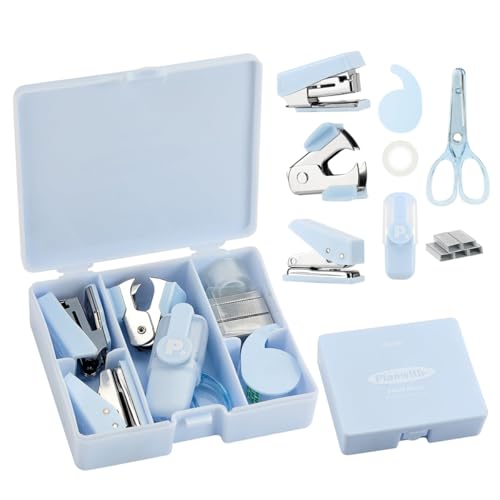 OFIFO® Stationery Items Handbook Tool Box, Cute Stationery 8 Multipurpose Combo Pack Stapler Machine, Staples Hole Puncher Paper Scissor, Stationery Combo Gift Set, Pack of 1