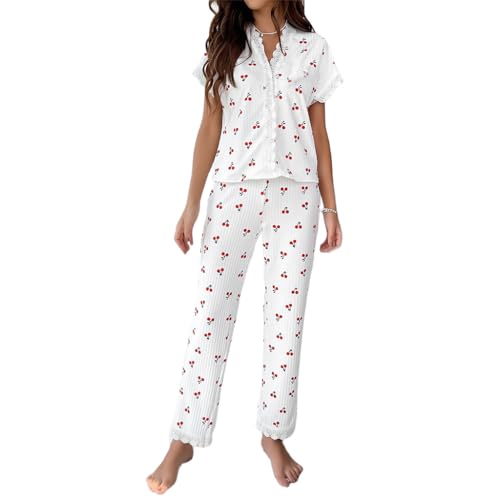 SANNIDHI® Women's 2 Piece Pajama Set – Sexy V-Neck Lace Trim Top and Cherry Print Ribbed Long Pants, Soft Loungewear Sleepwear Set for Home & Bedroom
