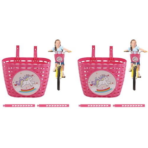 Proberos® Girls Bike Basket Kids Plastic Front Cute Pink Unicorn Adjustable Fastening Strap Design Universal for Bicycle Scooter Tricycles 20x13x15cm 2PCS