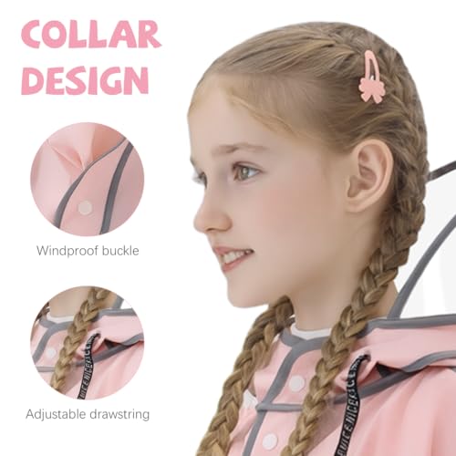 PATPAT® Bicycle Rain Poncho Rain Coat for Kids Girls, Outdoor Hooded EVA Rain Poncho with Clear Wide Brim, High Collar Rain Coat for School, Camping, Hiking, Riding, 3XL, Pink