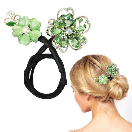 PALAY Hair Bun Accessories for Women, Quick Bun Maker for Hair, Green Rhinestone Hair Bun Clips for Women Medium Thick Hair, Floral Hair Style Accessories Twist Bun Clips for Hair for Party, Wedding