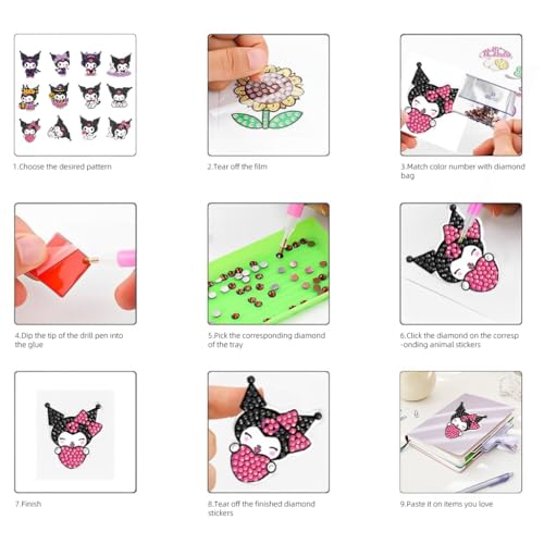 PATPAT® DIY Diamond Painting Art Kit Kuromi Stickers Material Kit with Tools 24PCS Cartoon Kawaii for Crafts Scrapbooking