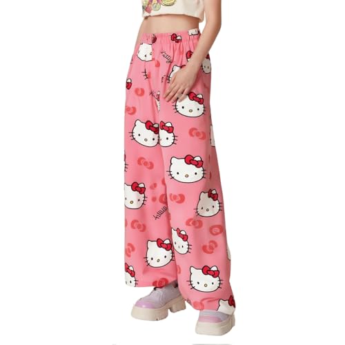 SANNIDHI® Summer Pyjamas for Women, Cartoon Kawaii Kitty Print Sleepwear Trouser, Breathable Polyester Homewear Pants with Elastic Waist, Soft & Breathable Sleepwear Trousers, L