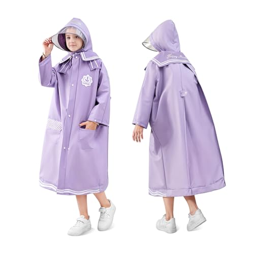 PATPAT® Rain Coat for Kids Long Raincoat Clear Wide Brim Hooded Rain Poncho Safe Reflective Strip Students Knee-length EVA Rain Coat Packable Outdoor Rain Coats for Kids 140-155cm
