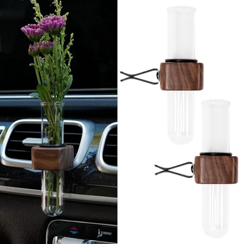 STHIRA® Car Flower Tube Vase, Air Vent Hydroponics Tube, Wooden Bracket with Back Clip, Decorative Dried Flower PC Vase Car Ornament, Pack of 2