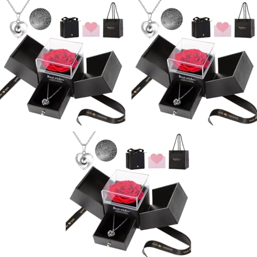 HASTHIP® Rose Flower Gift Valentine's Day Preserved Necklace Eternal Creative I LOVE U Projection Set Mother's Day 3PCS