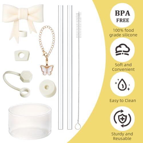 HASTHIP® For Stanley Cup Accessories Charm Kit Set 18PCS Fashion Straw Cute Bow Cap 2 Straight Straws Cleaning Brush Butterfly Handle Bottom Sleeve