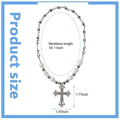 Venzina® Cross Necklace for Women, Girls Cross Pendant Chain for Women Crystal Pearl Pendant Stainless Steel Beads Cross Pendant Necklace, Cool Punk Bling Chain Pendant Jewellery Gift for Women - 1