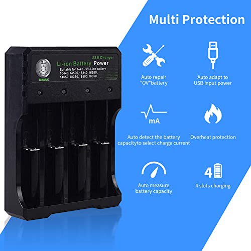 HASTHIP® 18650 Battery Charger 4 Bay Fast Charge, for 3.7V Li-ion TR IMR 10440 14500 16650 14650 18350 18500 16340(RCR123) Batteries, Intelligent Universal Rechargeable Battery Charger with AC Plug