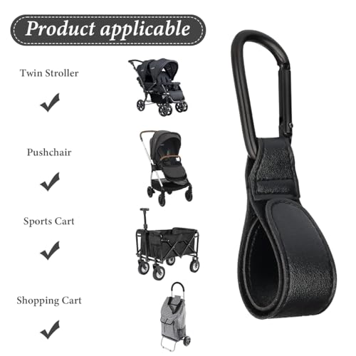SNOWIE SOFT 2Pcs Hanging Hook for Pram Stroller Hanging Clip Adjustable PU Leather Pram Clip with Quick Release Carabiner Design Universal Attaching Buckle for Stroller, Bike, Pram, Pushchair