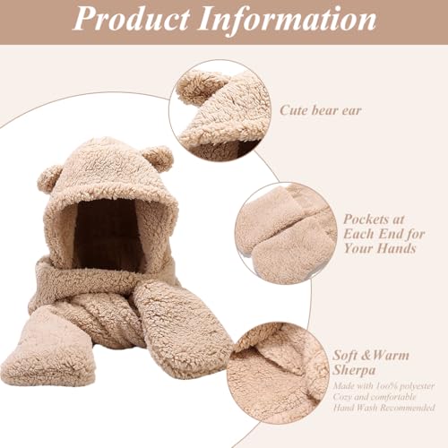 PALAY Kawaii Winter Scarf Hat for Girls 3 In 1 Cute Bear Ear Warm Scoodie Scarf Hat Extended Long Scarf & Intergrated Gloves Fashion Winter Scarf Hat Gift for Girls