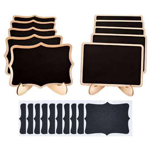 OFIFO® 10Pcs Small Chalkboard Sign with Wooden Stands, 2 Designs, Fancy Wooden Frame Writable Mini Chalkboard Displaying Boards with 10 Replacement Writing Stickers, 10x7.5cm