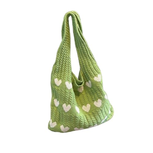 ZIBUYU® Crochet Heart Tote Bag for Women and Girls Y2K Aesthetic Knit Bag with Plush Charm Soft Spacious Hippie Beach Bag Cream with Red Hearts Ideal for Work School and Casual