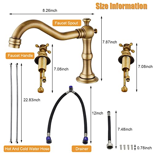 HASTHIP® Basin Tap, Full Brass Bathroom Sink Faucet with Hoses, Antique Mixer Hot and Cold Water Faucet, 8 inch 2 Handles 3 Holes Metal Faucet (Bronze)