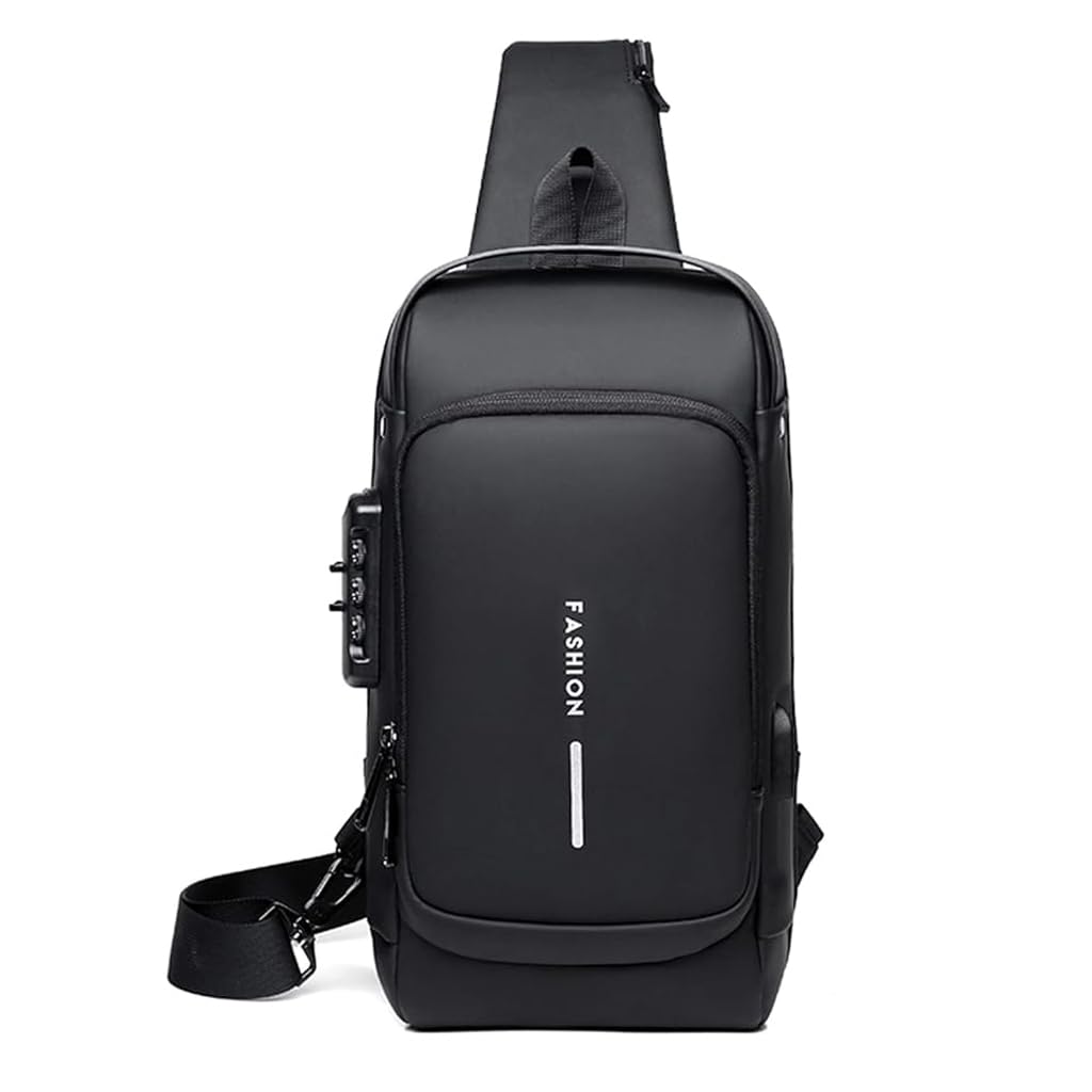 ZIBUYU Chest Bag for Men Waterproof Anti Theft Backpack Small Sling Bag for Men Travel Oxford Cloth with Safety Password Lock USB Port Crossbody Bag for Men Outdoor, Black