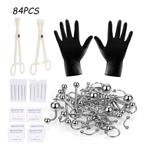 MAYCREATE® 84pcs Body Septum Piercing Kit, Professional Stainless Steel Belly Piercing Kit for All Piercings Nose Tongue Lip Ear Eyebrow Cartilage Piercing Jewelry Piercing Needles Clamps Kits