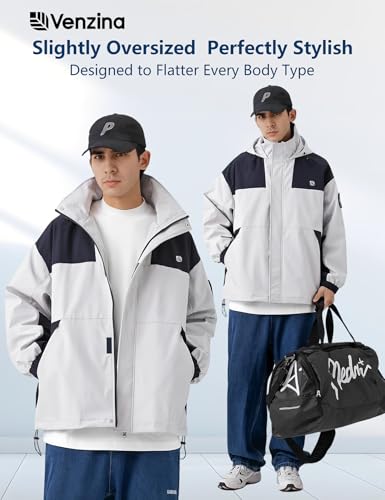 Venzina® Men's Modular Tech Wear Jacket-Hooded Abrasion Resistant Waterproof Windproof Shell with Zippered Pockets for Urban Outdoor Street Style, Light Gray-XL