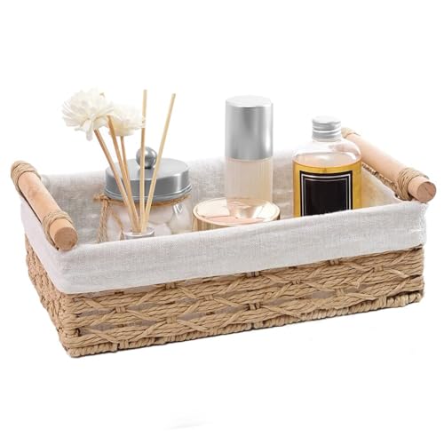 HASTHIP® Round Paper Rope Storage Basket,Wicker Baskets for Organizing with Handle,Decorative Bins for Countertop Toilet Paper Basket Toilet Tank Top Small Baskets
