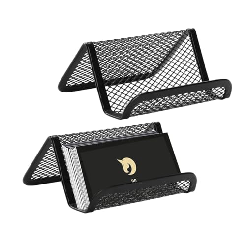 OFIFO 2 Pack Business Card Holder, Black Metal Mesh Display Stand for Desk, Sturdy Organizer Holds 50 Business Cards, Compact & Durable Office Accessory, Doubles as Phone Stand