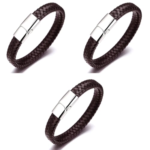 ZIBUYU® Bracelet For Men Stylish Latest Fashion Leather Hand Boys Steel Alloy Magnetic Clasp Braided Genuine Wrist Band 8.46 Inch Brown 3 PCS