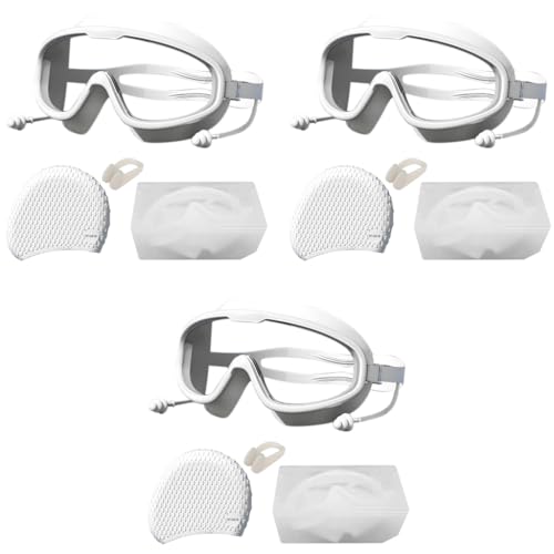 Proberos® Adult Swim Goggles Swimming Cap Unisex Professional with Integrated Ear Plugs Anti-fog Diving for Surfing Kayaking White 3 PCS
