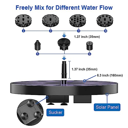 HASTHIP® Solar Water Fountain for Garden, 1.5W Solar Water Pump with 6 Nozzles, Max 1.1m Water Column Solar Fountain for Home Garden Pond Bird Bath Pool