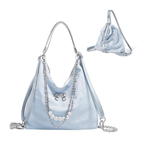 PALAY® Tote Bag for Women PU Hobo Bag Chic Bow Charm Chain Shoulder Bag Convertible Shoulder Bag Backpack Fashion Casual Hobo Bag, Blue