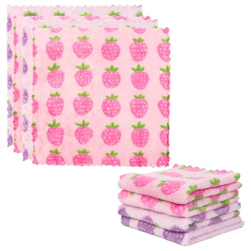 HASTHIP® Kitchen Dish Cloth 30x30cm, Pack of 4 Sweet Fashion Strawberry Coral Fleece Dish Cloth, Soft & Absorbent Utility Kitchen Clean Cloth