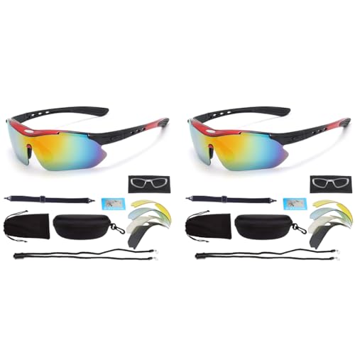 Proberos® Polarized Sports Sunglasses Non-polarized Anti Glare Riding for Driving with 5 Interchangeable Lenses Box UV Protection for Men Women 2PCS