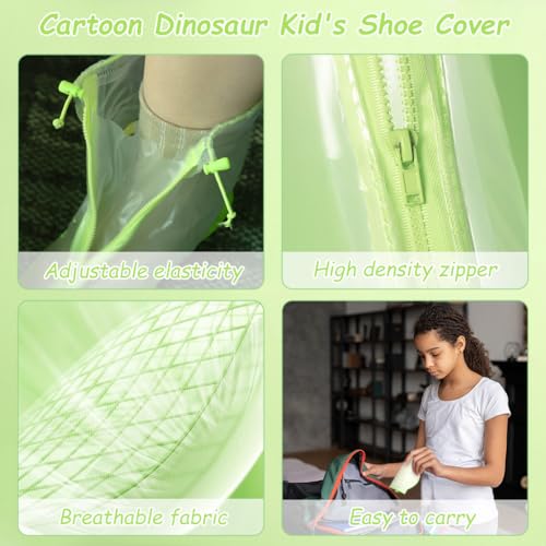 SNOWIE SOFT® Clear Rain Shoe Covers for Kids Zip-up High Top Anti-slip One-piece EVA Sole Design Cartoon Dinosaur S 22.5cm Sole Length 3PCS