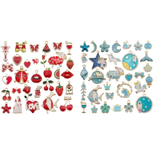 ZIBUYU® 62 Pcs Cartoon Red & Blue Enamel Pendant Charms Gold Plated Jewellery Making Kit for DIY Necklace, Bracelets, Journaling, Scrapbooking, Planners, Crafting Accessories Combo for Kids