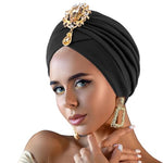 PALAY® Turban Cap for Women Skull Headwrap Alloy Crystal Tassel Hair Turban for Women Cozy Fabric Soft Head Cover Black Headwear for Wedding, Festival, Church