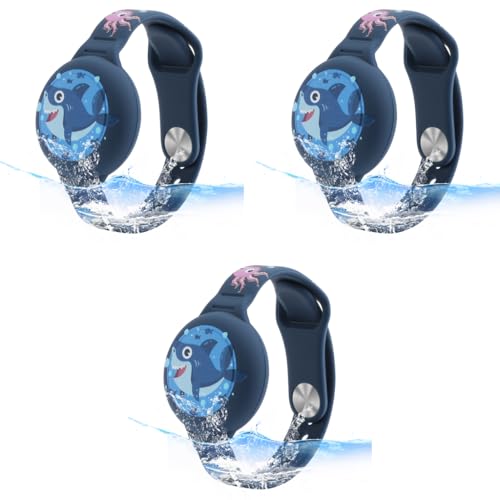 ZORBES® Kids Air Tag Bracelet Cartoon Shark Silicone Anti-Lost Waterproof Full Cover Protection Adjustable Wrist Band Blue 3PCS