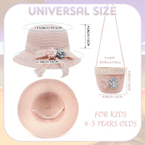 SNOWIE SOFT® Straw Hat for Kids Hat for Girls Summer Sun Hat with Mini Shoulder Bag Combo, Toddler Wide Brim Straw Girls Cap Floral Lace Bowknot Beach Hat for Girls Birthday Gift for 4-5 Years (Pink)