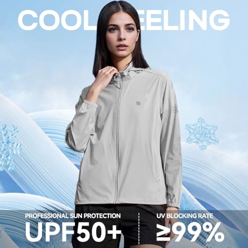 Venzina® UPF 50+ Sun Jacket for Women Long Sleeve Zip-up Sun Jacket with Zip Pocket, Removable Hat, Quick Dry Loose-fit UV Protection Clothing for Driving, Riding, Hiking, Grey, L