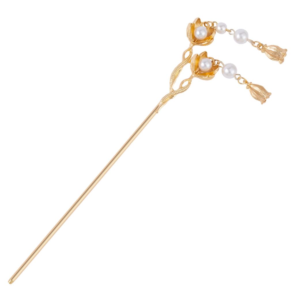 MAYCREATE® Floral Hair Pins for Women Girls, Gold Metal Hair Stick for Buns, Pearl Pendent Hair Bun Stick, Elegant 6.4'' Juda Pin Hairpin Hair Accessories for for Updos, Buns