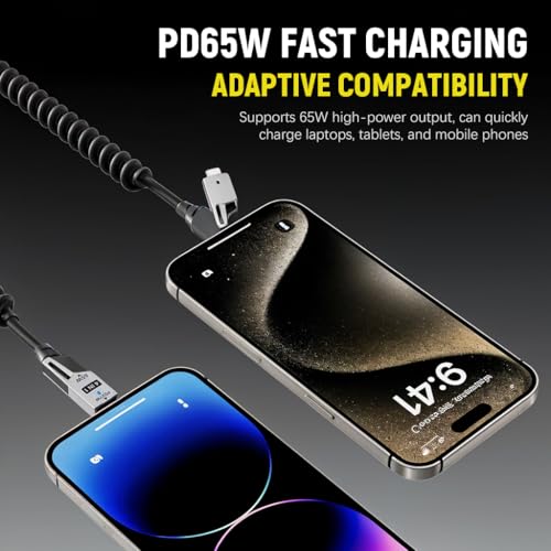 Verilux® 4 in1 Type C Cable with Spring PD65W Fast Charging 480Mbps Data Transfer USB to Type C Multi Adjustable with USB A Lightning Port for iPhone 16 15 Black 3PCS