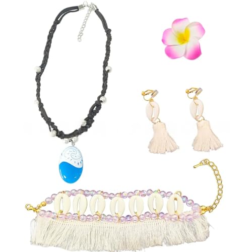 PATPAT® Moana Princess Necklace Set for Girls, Set of 4Pcs Beach Wear Jewelry Set, Seashell Anklet, Necklace, Seashell Tassel Earrings & Flower Clip, Moana Cosplay Costume Accessories Kit