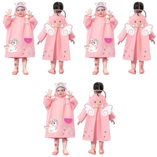 SNOWIE SOFT® Hooded Raincoat for Kids Wide Brim EVA Knee Length with Storage Bag Cartoon Unicorn Print 3-4 Years Old S Recommended Height 85-105cm 3 PCS