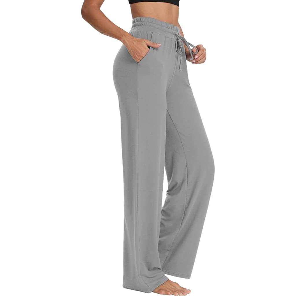 PALAY® Yoga Pants for Women Cotton Sweatpant Wide Leg Lounge Pajamas Pants with Pockets, Casual Trousers Comfy Drawstring Straight Pants for Jogging Workout Running (Grey, Size L)