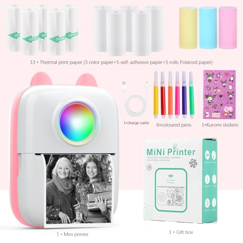 Zeitel® Mini Bluetooth Thermal Printer with LED Portable Label Inkfree for Android and iOS System Black on White with 13 Roll Paper 5 Color Pen 1 Kuromi Sticker Pink 2 PCS