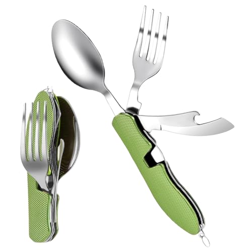 Proberos® 4 in 1 Tableware for Camping, Folding Fork & Spoon Cutter with Bottle Opener, Food Grade Stainless Steel Folding Tableware, Aluminium Handle, Travel Outdoors Multifunctional Tool