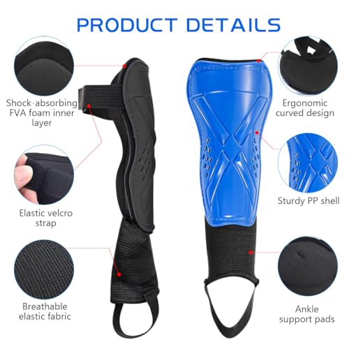 Proberos Kids Shin Guard Teens Sport Shin Guards with Ankle Support EVA Cushioning Liner Football Shin Guards Adjustable Hook and Loop Closure Design Sport Shin Guards for Football, Rugby, Blue