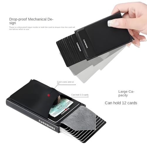 ZIBUYU® SHIMENGFU Slim RFID Blocking Card Holder Wallet For Men Women, 10-12 Card Capacity, Anti-Magnetic Pop Up Aluminum Case, Quick Access Credit Card Organizer, Black, Minimalist Pocket Size
