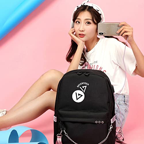 PALAY® K-POP Seventeen School Backpack Travel Backback Seventeen Fashion Print Backpack Suitable for Girls Laptop Backpack School Gift for Girls (Black)