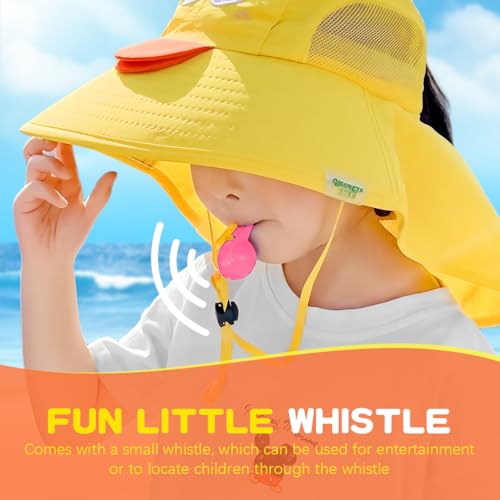 SNOWIE SOFT® Kids Sun Hat Cartoon Yellow Wide Brim for Girls Breathable Mesh Visor with Neck Flap Summer Windproof Beach Adjustable Chin Strap Design 2 PCS