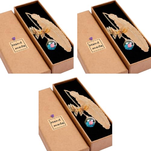 HASTHIP® Metal Feather Bookmark with Glass Beads Pendant Vintage Butterfly for Reading Enthusiasts Gifting Teachers Women Student Blue 3PCS